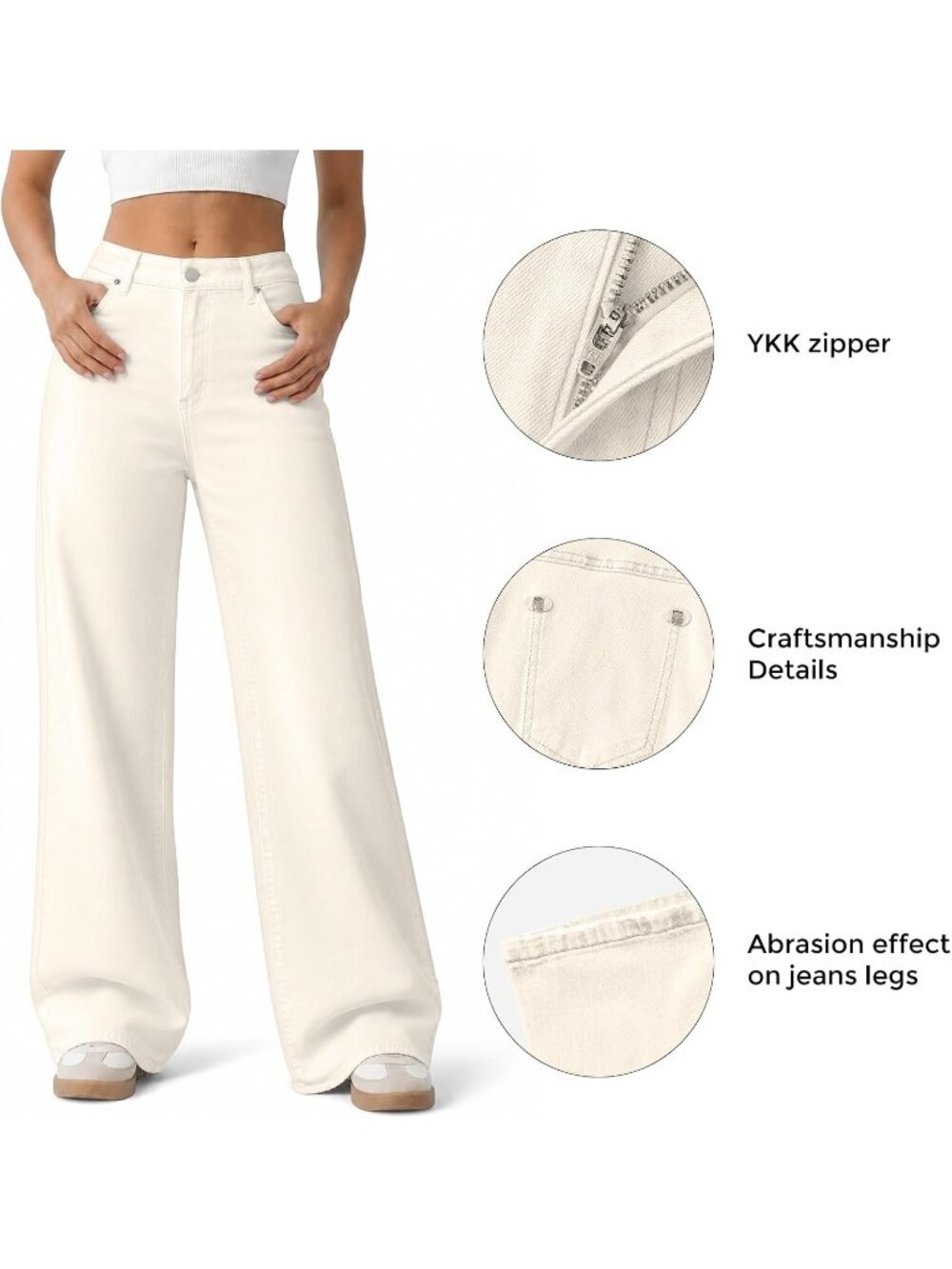 Women's Beige High Waisted Baggy Loose Straight Denim Pants Wide Leg Jeans - Picture 4 of 5